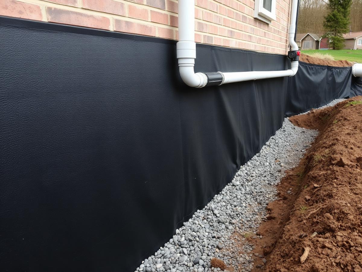 Abgedichtete Kellerwand mit Drainagekies im offenen Graben