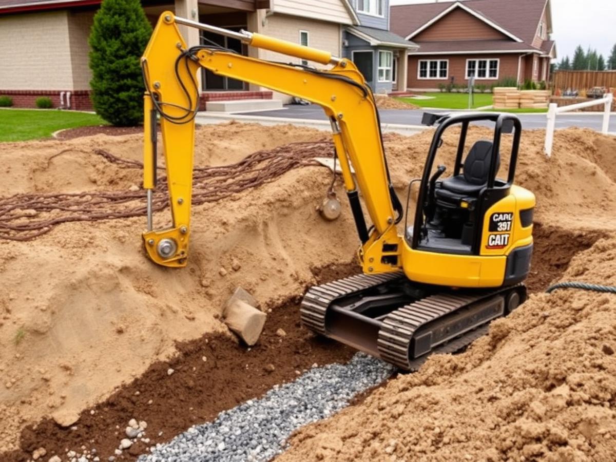 Bagger beim Ausheben eines Grabens an einem Wohnhaus