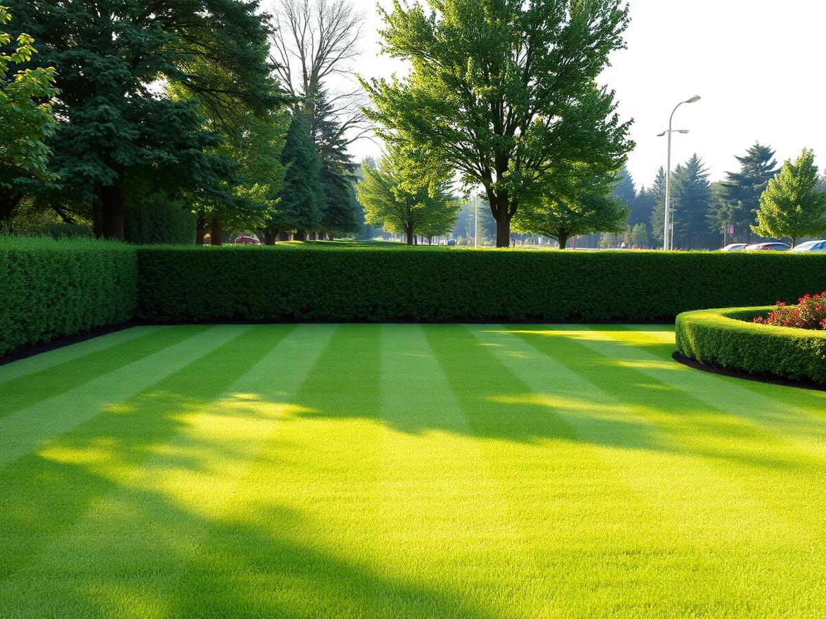 Gepflegte Rasenfläche mit geschnittener Hecke in einer Grünanlage