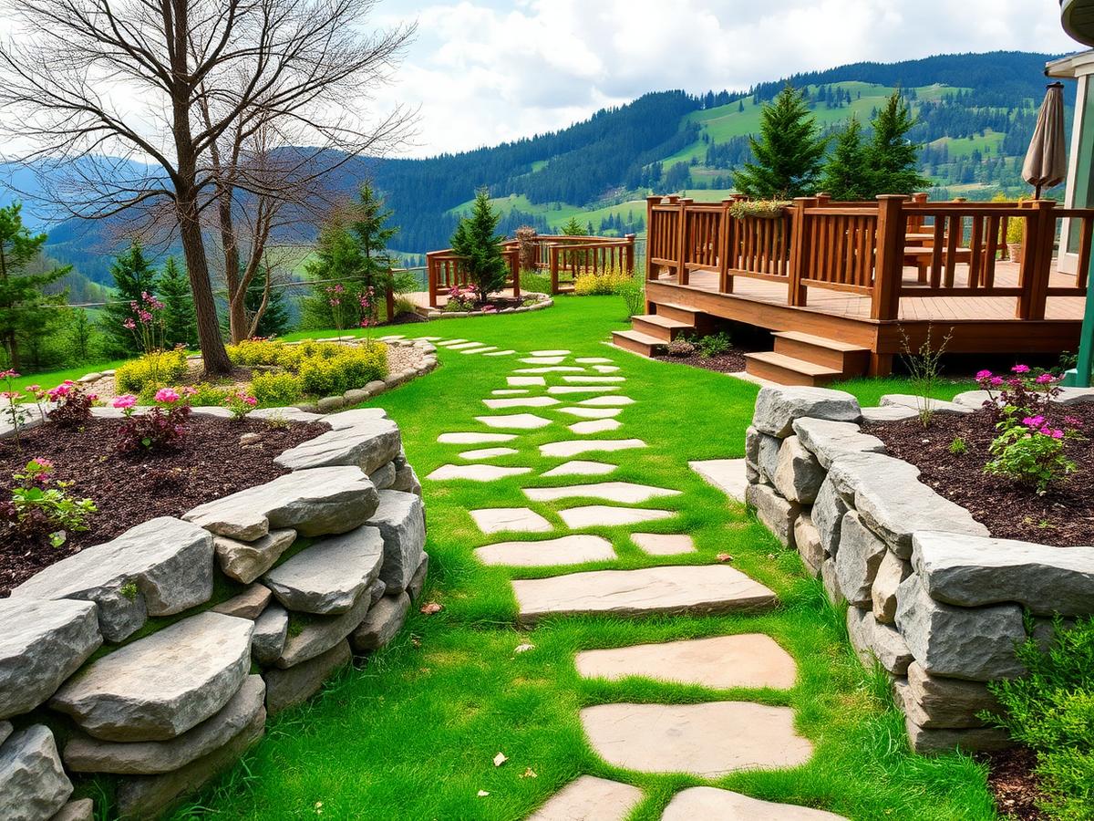 Natursteinweg mit Trockenmauern führt zu einer Holzterrasse